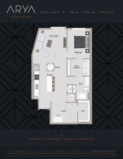 One Bedroom One Bath Duchamp 2 floor plan at Arya Peachtree, Atlanta, Georgia